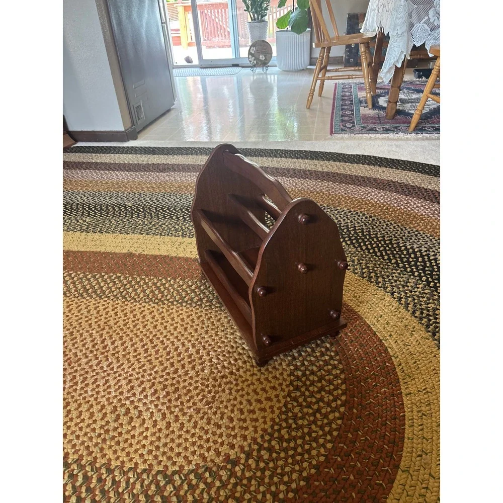 Vintage Wooden Magazine Rack Scalloped Dark Wood Book Record Holder Handle